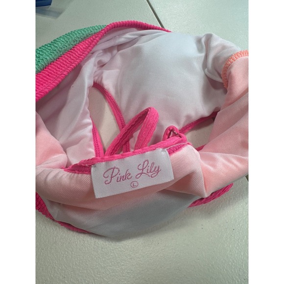 Pink Lily Neon Orange Pink Green Textured Crop Top Swimsuit Bikini‎ Top Large - Picture 7 of 7